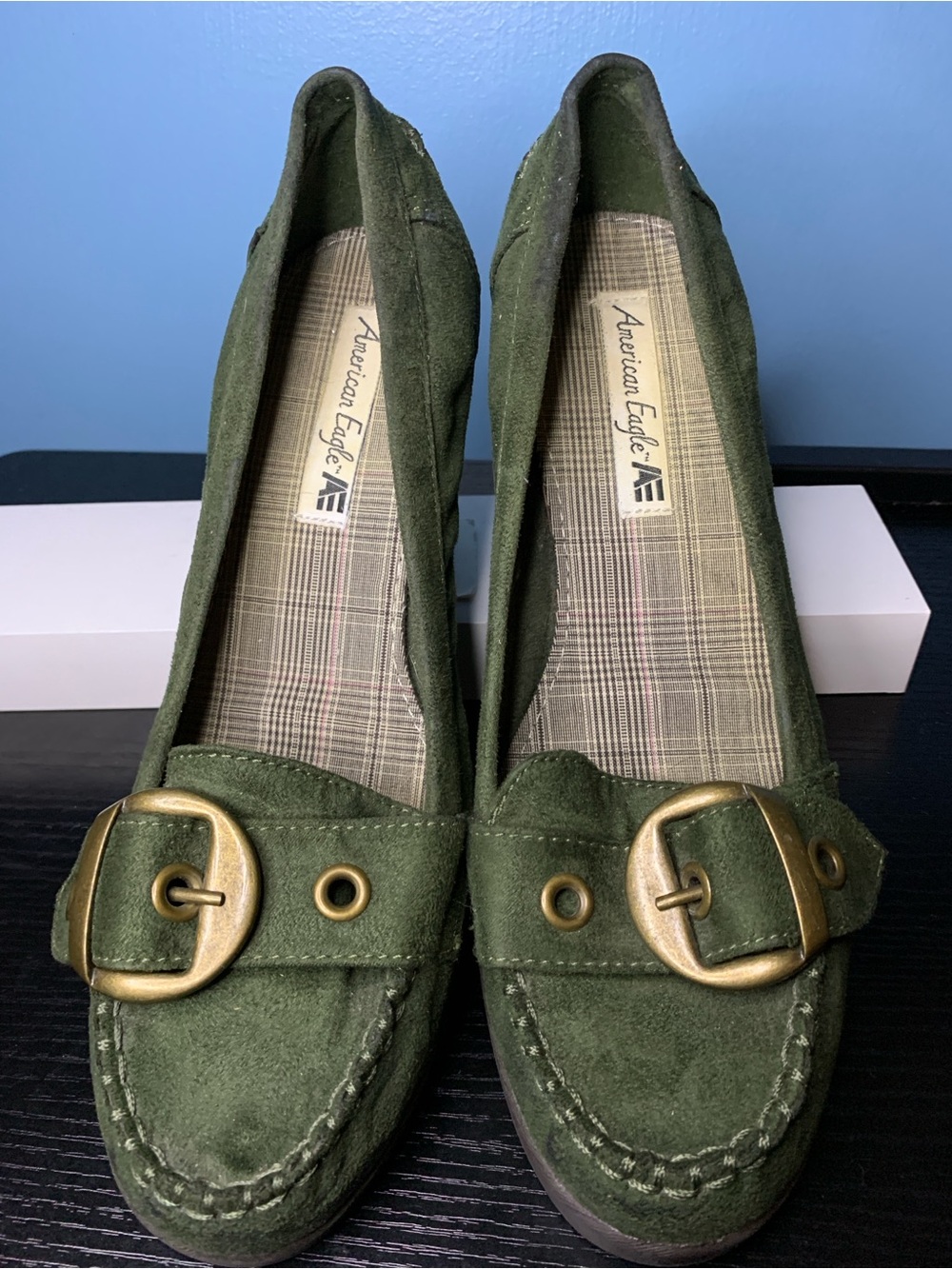 American Eagle Outfitters Olive Green Suede Loafers with Brass Buckle